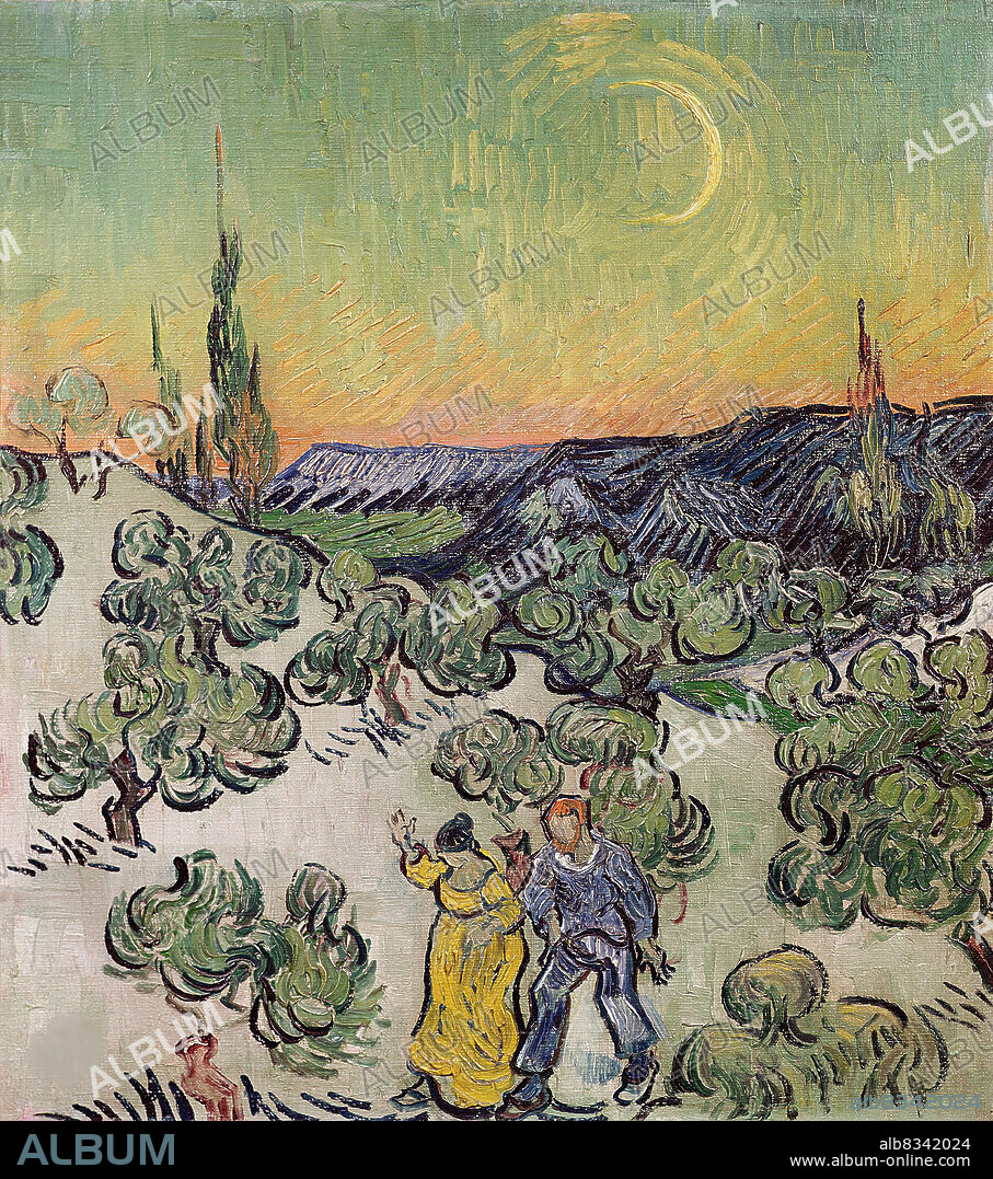 VINCENT VAN GOGH. Landscape with Couple Walking and Crescent Moon.