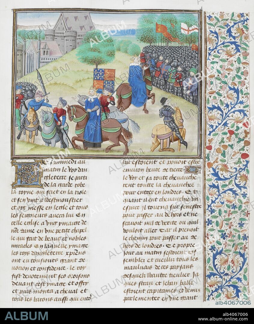 The death of Wat Tyler in 1381. Wat Tyler (died 15 June 1381) was a leader of the 1381 Peasants' Revolt in England. He marched a group of protesters from Canterbury to the capital to oppose the institution of a poll tax. While the brief rebellion enjoyed early success, Tyler was killed by officers of King Richard II during negotiations at Smithfield in London. Figures in the miniature are: Sir William Walworth, Mayor of London (wielding sword); Wat Tyler; Richard II of England; and John Cavendish, esquire to Richard II (bearing lance). . Jean Froissart, Chroniques , vol. 2. (Froissart's Chronicles). Netherlands, S. Last quarter of the 15th century, before 1483. Source: Royal 18 E. I, f.175.