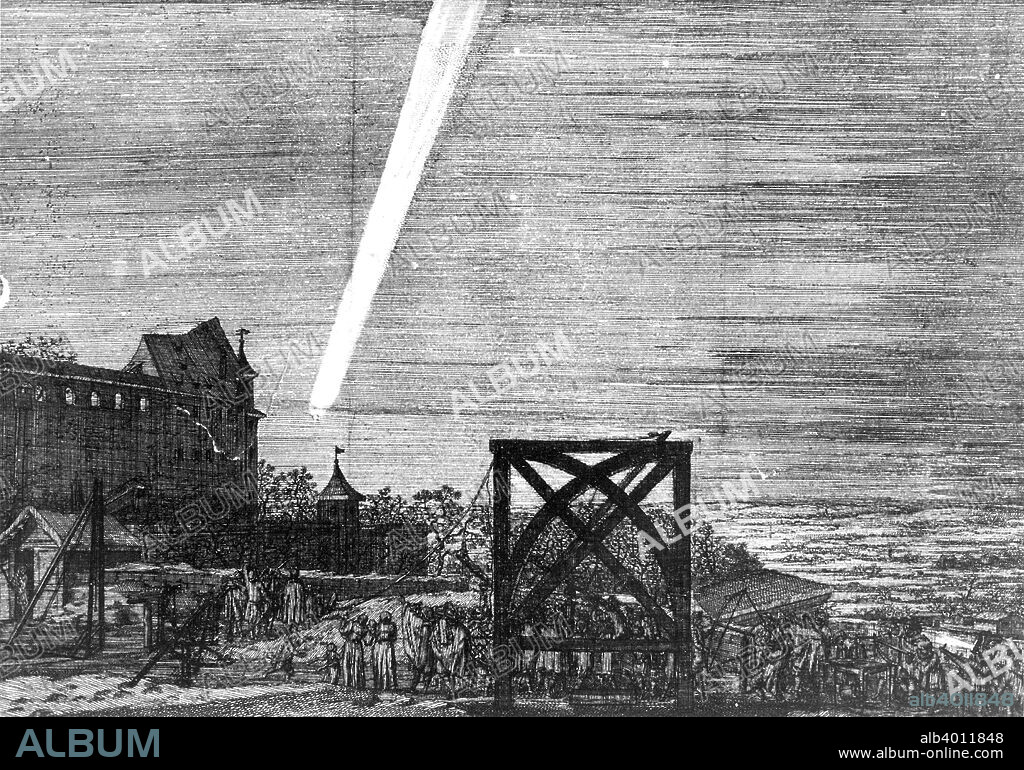 Comet of December 1680 (Kirch), 1681. Isaac Newton calculated that the comet was travelling at 88,000 mph and that it passed so near the Sun that at one time it was only 1/6 of the Sun's diameter from its surface. From a pamphlet by Simon Bornmeister. (Nuremberg, 1681).