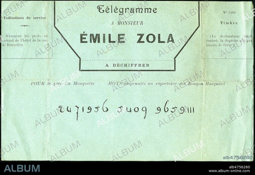 'Telegramme a monsieur Emile Zola' : par transparence et a l'envers, on peut lire 'Merde pour Dreyfus'. Telegramme parodique et antidreyfusard vers 1900. Illustration anonyme. Credit : Collection IM/KHARBINE-TAPABOR.