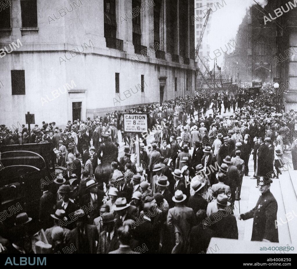 The Wall Street Crash, New York City, USA, Thursday, 24 October 1929. The panicking crowds that collected that morning outside the Stock Exchange building at Broad and Wall Streets.