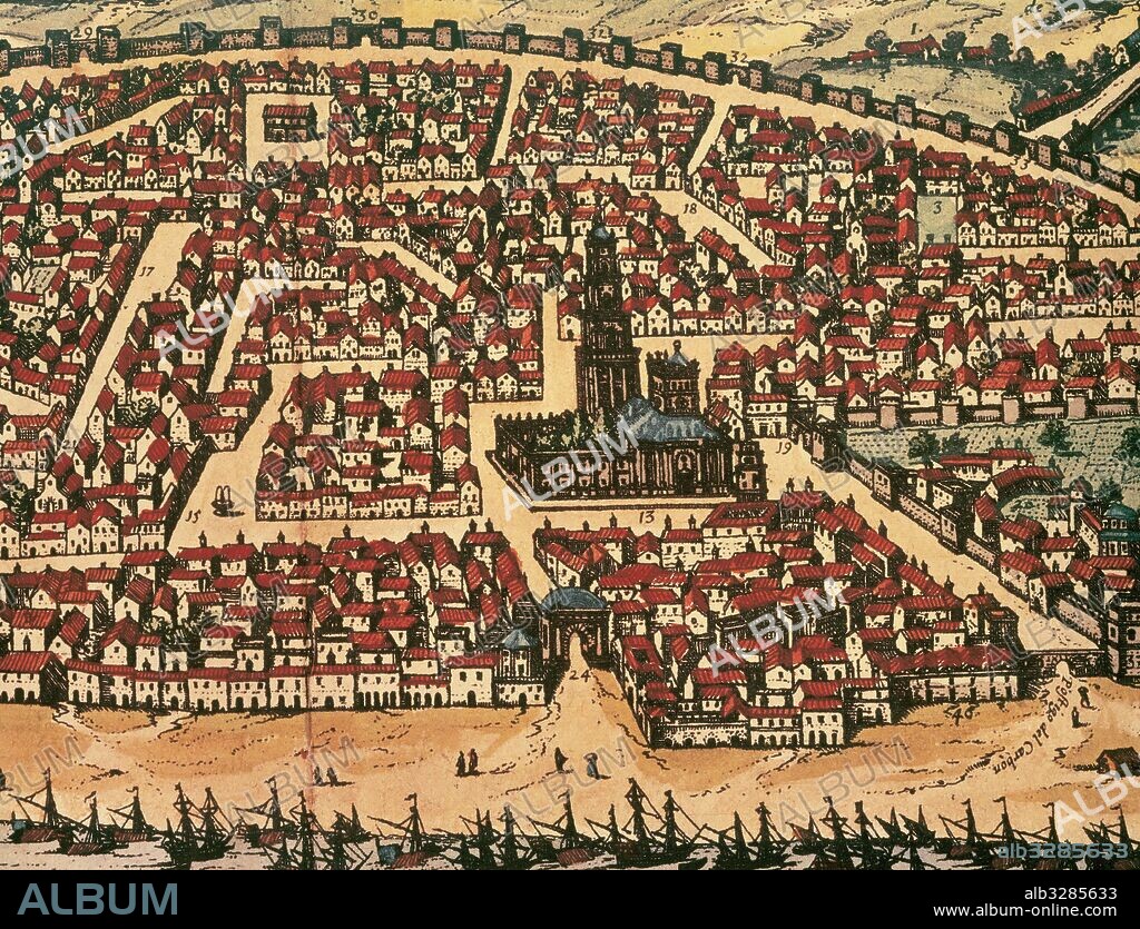 SEVILLA. Representación de la ciudad en la primera mitad del siglo XVI. Ilustración del atlas "Civitates Orbis Terrarum". Dibujo de Joris Hoefnagel (1542-1600) .