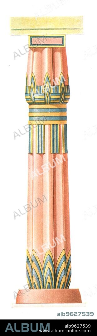Column from Karnak, Egypt, (1928). 'Papyrus composite column with bud capital...from the "promenoir"..in Karnak...the eastern part of the great Temple of Amun, the so-called Festive Temple of Tethmosis III...1501-1448 B.C.'. After Prisse D'Avennes. Plate III, fig 5, from "An Encyclopaedia of Colour Decoration from the Earliest Times to the Middle of the XIXth Century" with explanatory text by Helmuth Bossert. [Ernst Wasmuth Ltd., Berlin, 1928].