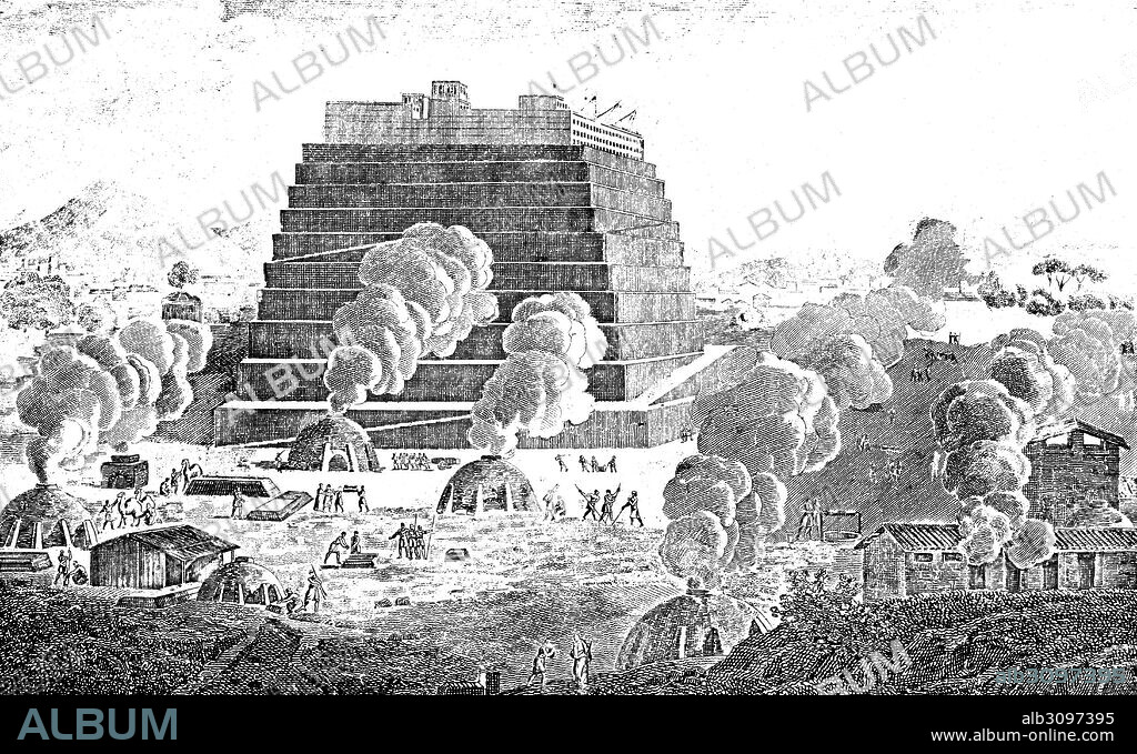 Historia sagrada. Construcción de la torre de Babel por los descendientes de Noé. Grabado de 1862.
