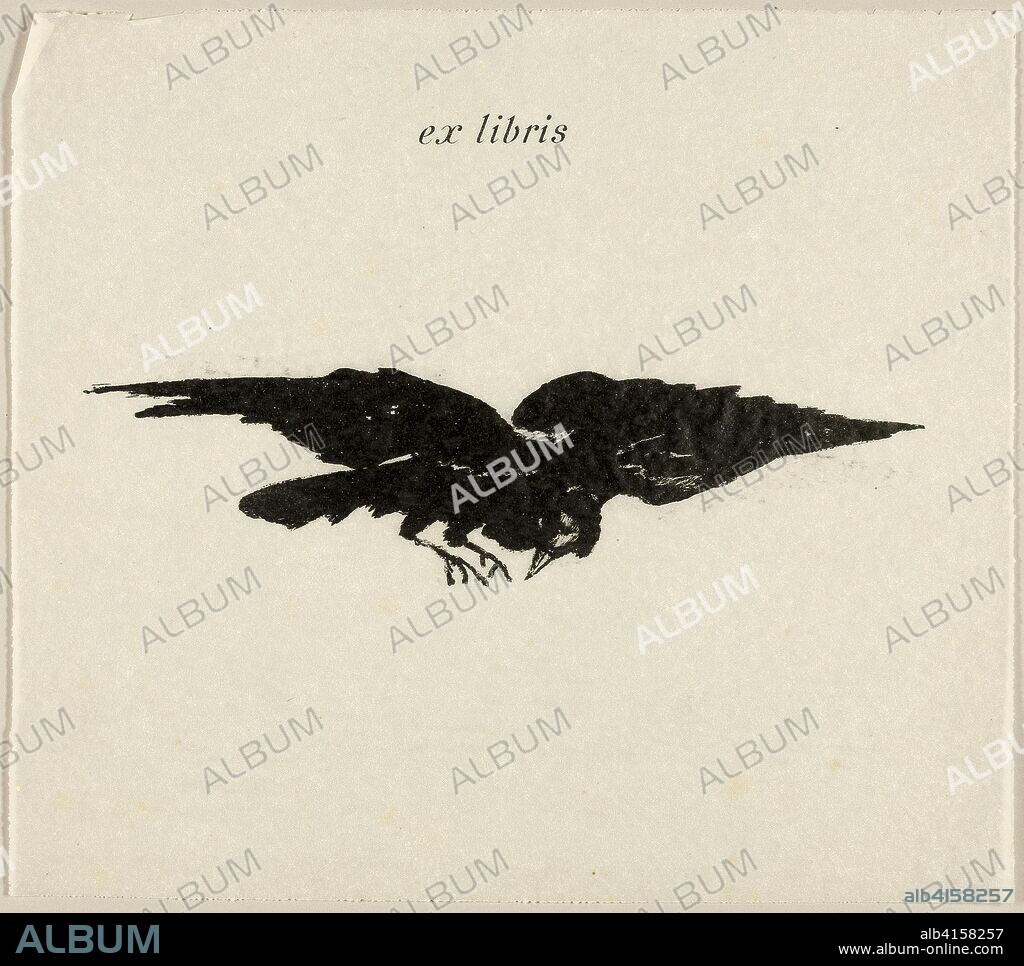 EDOUARD MANET. Flying Raven: ex libris, from The Raven (Le Corbeau). Édouard Manet (French, 1832-1883); written by Edgar Allan Poe (American, 1809-1849); translated and produced by Stéphane Mallarmé (French, 1842-1898); printed by Lefman et Cie. (French, 19th century); published by Richard Lesclide (French, 1825-1892). Date: 1875. Dimensions: 63 × 240 mm (image); 254 × 287 mm (sheet). Transfer lithograph in black on ivory parchment paper. Origin: France.