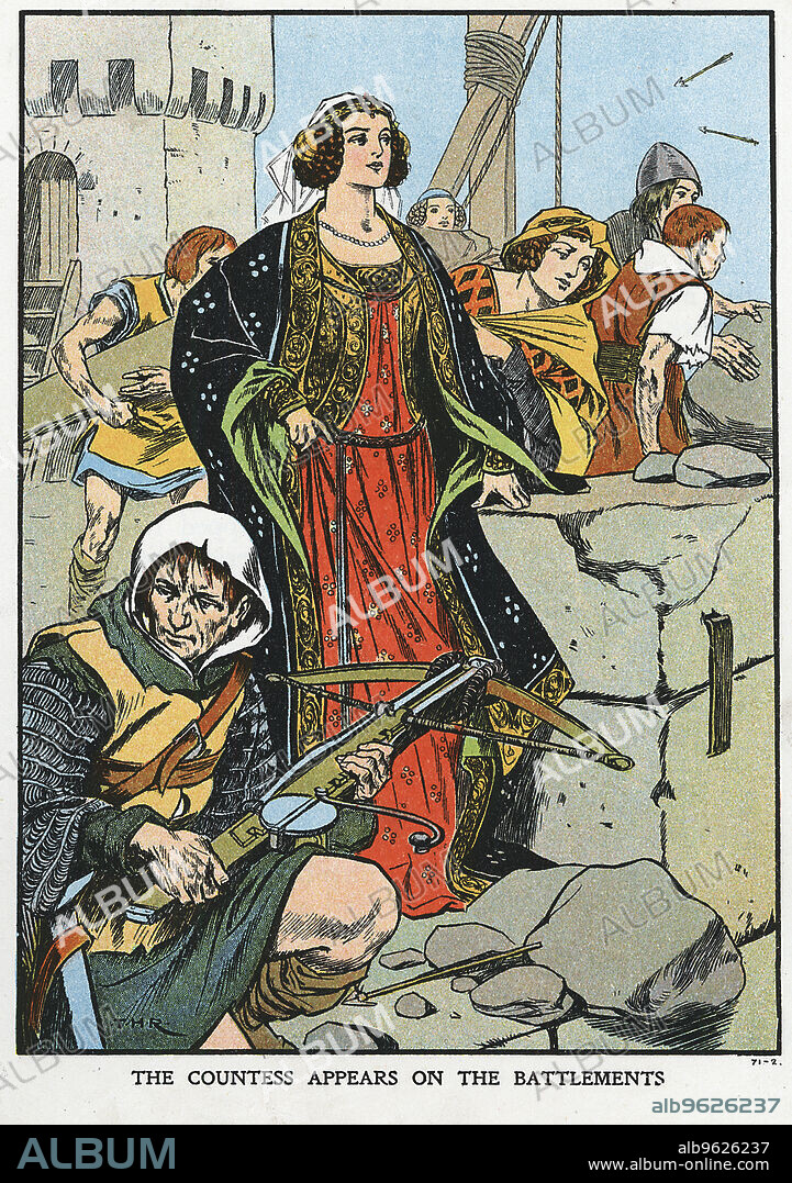 Agnes, Countess of Dunbar (1312?-1369), known as Black Agnes, 1338 (early 20th century). She is seen on the battlements at the defence of Dunbar Castle in 1337-1338 when her husband, Patrick of Dunbar, rebelled against the English. The siege of the castle, commanded on the English side by Sir William Montagu, Earl of Salisbury, lasted 19 weeks, and failed to take the castle.