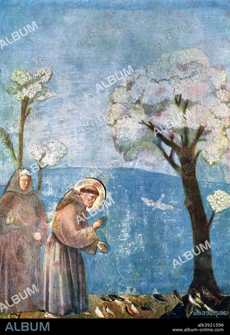 'St Francis Preaching to the Birds', 1297-1299, (c1900-1920). A print after a fresco in San Francesco Upper Church, Assisi, Italy, from Art History and Literature Illustrations, by Jessie Noakes, Virtue and Co, (London, c1900-1920).