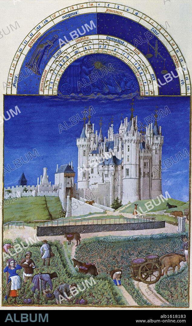 Les Tres Riche Heures du Duc de Berry: October -Sowing the Winter Grain 1413-1416 Limbourg Brothers (fl. 1400-1416 Netherlandish) Musee Conde, Chantilly, France.