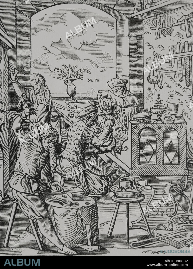 Orfebre. Reproducción de un grabado del siglo XVI por Jost Amman. "Moeurs, usages et costumes au moyen-âge et à l'époque de la Renaissance", por Paul Lacroix. París, 1878.