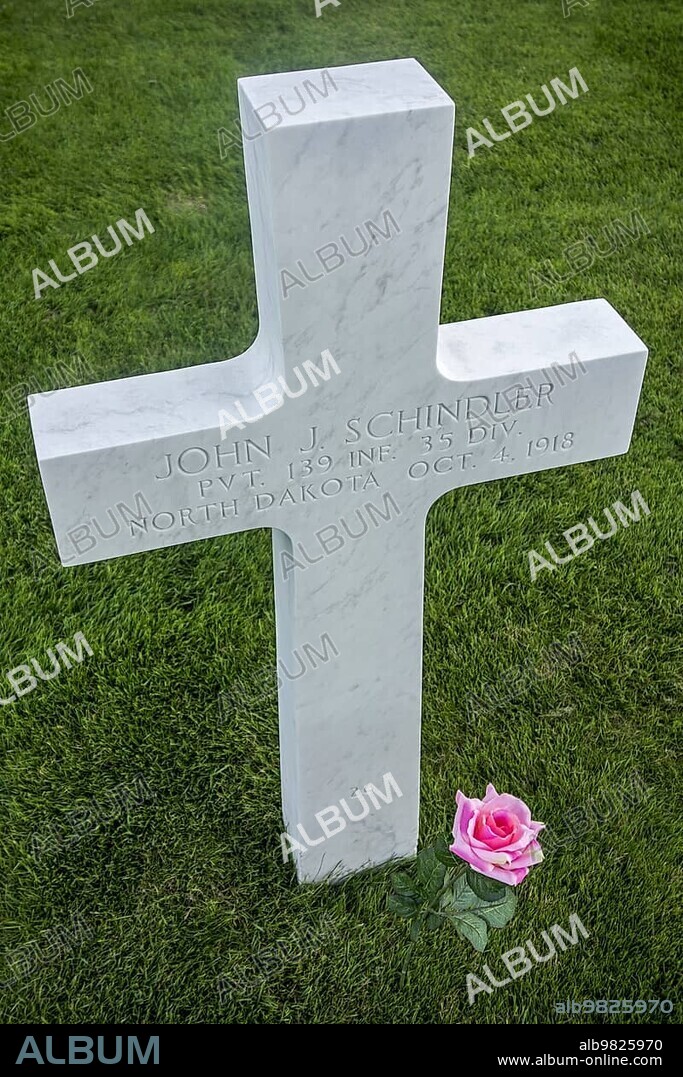 Rose at grave of First World War One soldier at the Meuse-Argonne American Cemetery and Memorial; Romagne-sous-Montfaucon; France; Europe.