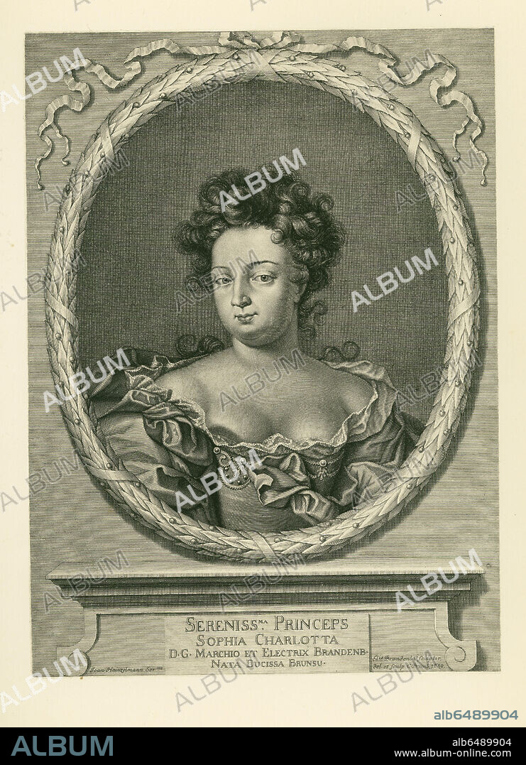 Sophia Charlotte of Hanover, last Electress of Brandenburg and first Queen of Prussia (1668-1705). 
Phototype from "Allgemeines Historisches Porträtwerk" (historical portraits), a collection of 600 portraits of the most famous persons of all cultures and origis since 1300. Volume one: dukes and popes. Munich, 1884. Verlagsanstalt fuer Kunst und Wissenschaft, vormals Friedrich Bruckmann.