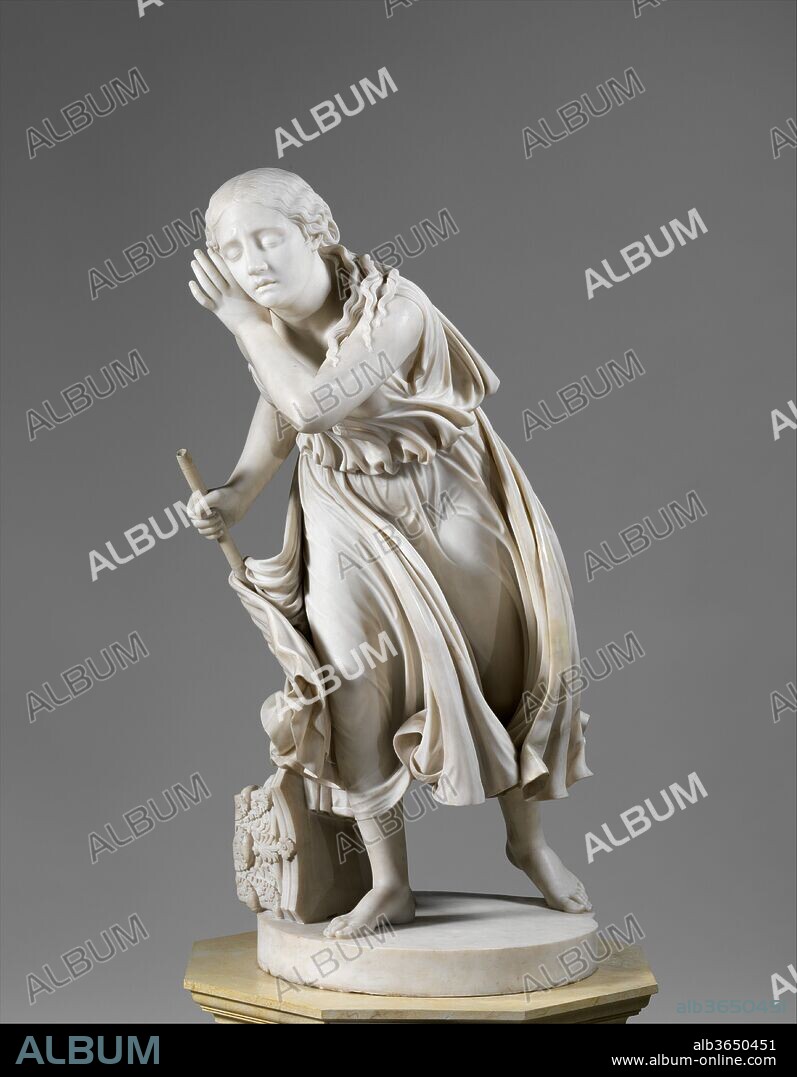 Nydia, the Blind Flower Girl of Pompeii. Artist: Randolph Rogers (American, Waterloo, New York 1825-1892 Rome). Dimensions: 54 x 25 1/4 x 37 in. (137.2 x 64.1 x 94 cm). Date: 1853-54; carved 1859.
"Nydia, the Blind Flower Girl of Pompeii" was the most popular American sculpture of the nineteenth century. According to Rogers, it was replicated 167 times in two sizes. The subject was drawn from "The Last Days of Pompeii" (1834), a widely read novel by Lord Edward Bulwer-Lytton, which ends with the eruption of Mount Vesuvius in a.d. 79. Rogers's evocative portrayal of Nydia highlights her heroic attempt to lead two companions out of the burning, ash-covered city. Her closed eyes and staff allude to her blindness, while the hand raised to her ear refers to her acute sense of hearing. The destruction of Pompeii is symbolized by the broken Corinthian capital beside her right foot.