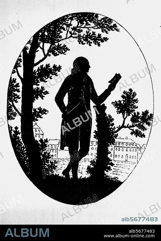 Goethe, Johann Wolfgang von Frankfurt a. M. 28.8.1749 - Weimar 22.3.1832. Goethe lesend; im Hintergrund der Frauenplan. Silhouette, um 1790.