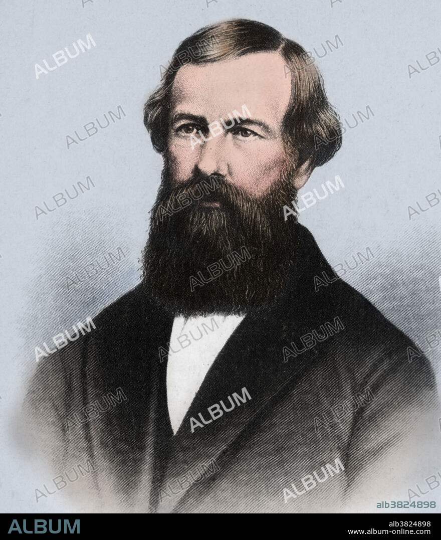 A portrait of Elisha Graves Otis (1811-1861), who invented a safety device that prevented elevators from falling if the hoisting cable broke. His improved double oscillating steam engine was his final contribution to the industry: a power plant exclusively for elevators.