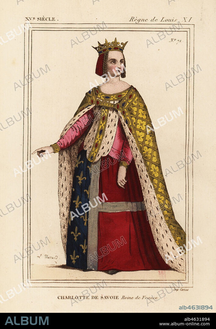 Charlotte of Savoy, queen of France, 1445-1483. She wears her hair braided on either side of the face under a crown, an ermine surcot over an armorial robe with the coats of arms of Savoy and France. Handcoloured lithograph by Leopold Massard after a stained-glass window in the church of the Couvent de l'Ave Maria in Paris in Roger de Gaignieres' portfolio VII 4 from Le Bibliophile Jacob aka Paul Lacroix's Costumes Historiques de la France (Historical Costumes of France), Administration de Librairie, Paris, 1852.