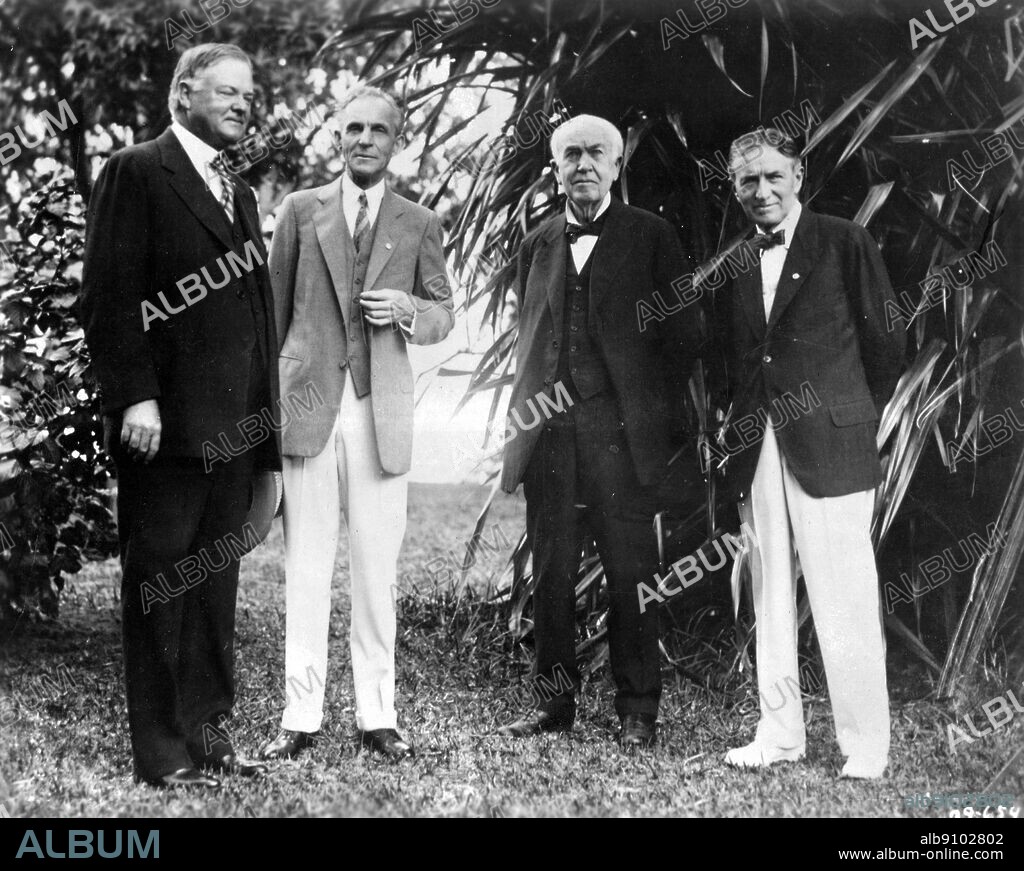 Feb 11th 1929: (l-r) President Herbert Hoover (1874-1964), Henry Ford, Thomas Edison and Harvey Firestone at Mr Edison's home, Fort Meyers, Florida. Hoover was the 31st President of the USA from 1929-1933.