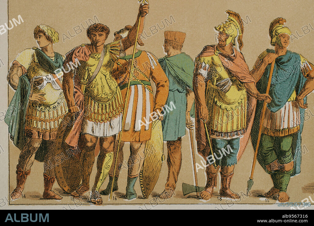 Imperio Romano de Oriente. Bizantinos (400-600). De izquierda a derecha: 14 y 15- traje de general, 16- guerrero, 17- trabajador (oficial), 18- traje de general, 19- guerrero. Cromolitografía. Historia Universal, por César Cantú. Tomo III, 1882.