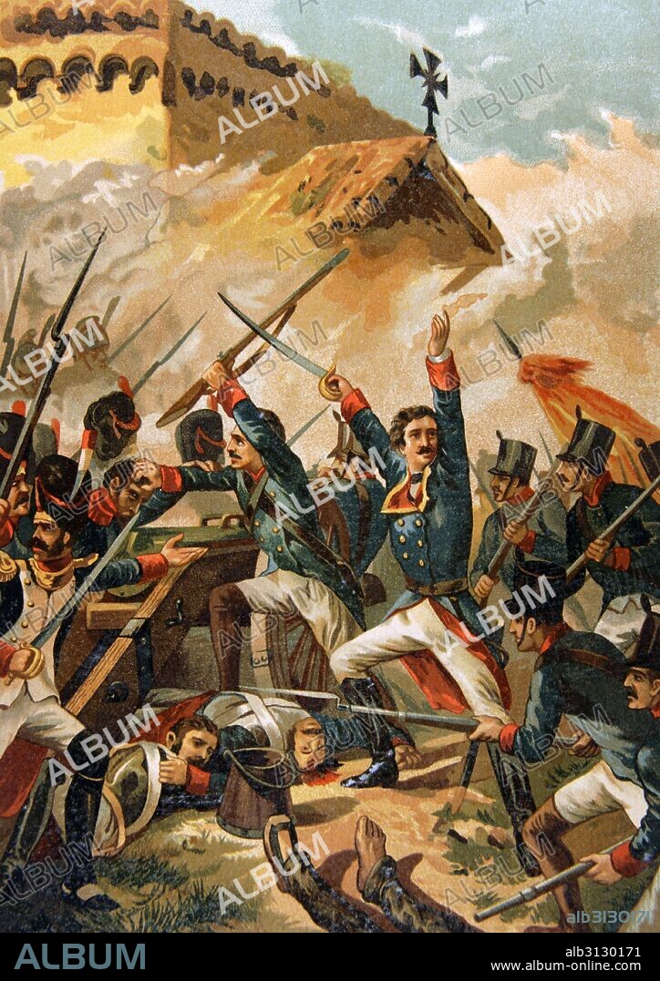 DOMINIQUE HONORÉ ANTOINE MARIE VEDEL (1771-1848). General del Primer Imperio Francés que sirvió en las campañas revolucionarias e imperiales. "Comtate en Bailen, julio de 1808 (Guerra de Independencia Española). Defensa de la ermita de San Cristóbal por el regimiento de Irlanda" Grabado a color de Glorias Españolas, Ramón Molinas, Editor.