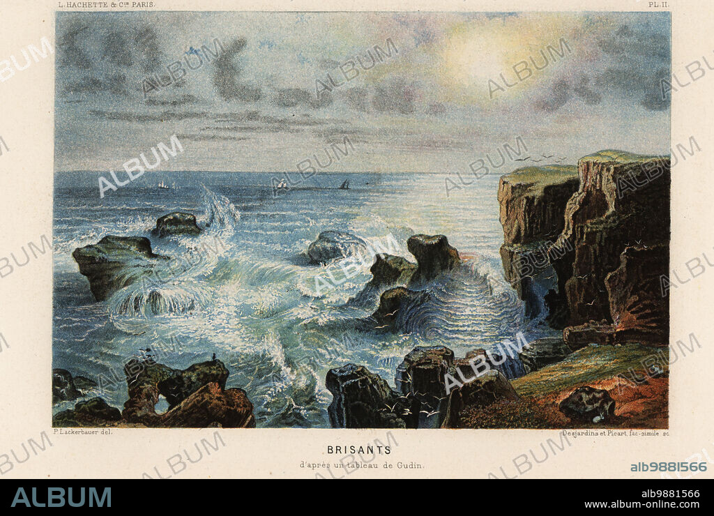 Landscape of a rough sea with waves crashing on rocks by marine artist Theodore Gudin. Brisants d'apres un tableau de Gudin. Chromolithograph by Pierre Lackerbauer from Alfred Fredols Le Monde de la Mer, the World of the Sea, edited by Olivier Fredol, Librairie Hachette et. Cie., Paris, 1881. Alfred Fredol was the pseudonym of French zoologist and botanist Alfred Moquin-Tandon, 1804-1863.