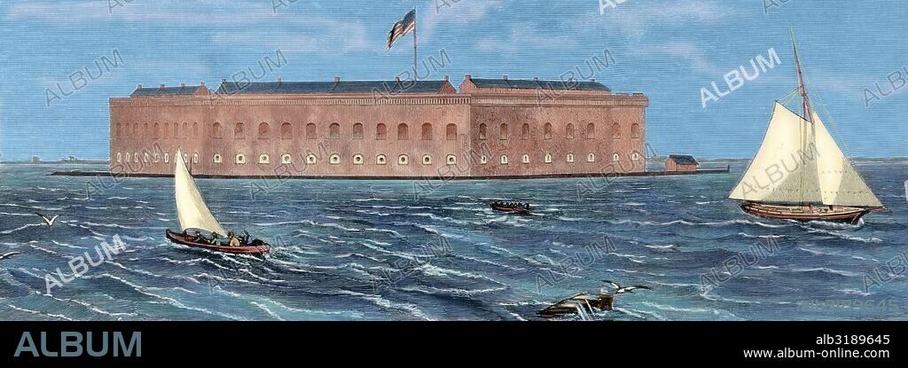 HISTORIA DE LOS ESTADOS UNIDOS DE AMERICA. GUERRA DE SECESION (1861-1865). El fuerte de Sumter, en la Bahía de Charleston. Grabado coloreado.