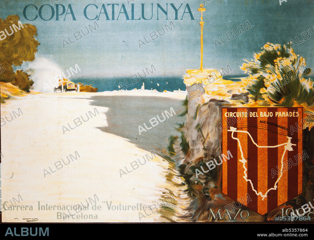 RAMON CASAS I CARBÓ. Cartel modernista. Copa Catalunya. Carrera internacional de "Voiturettes", Barcelona. Mayo, 1908.