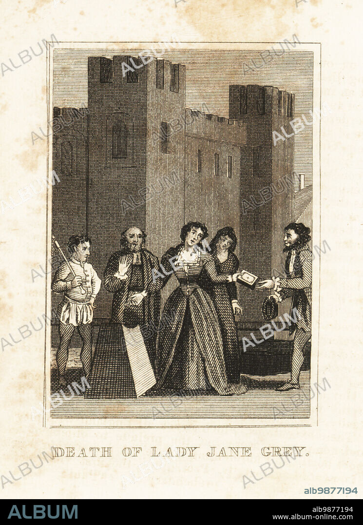 Lady Jane Grey before her beheading for high treason at Tower Green, Tower of London, 1554. Sir Thomas Brydges stands next to her with the executioner. Death of Lady Jane Grey.. Copperplate engraving from M. A. Jones History of England from Julius Caesar to George IV, G. Virtue, 26 Ivy Lane, London, 1836.