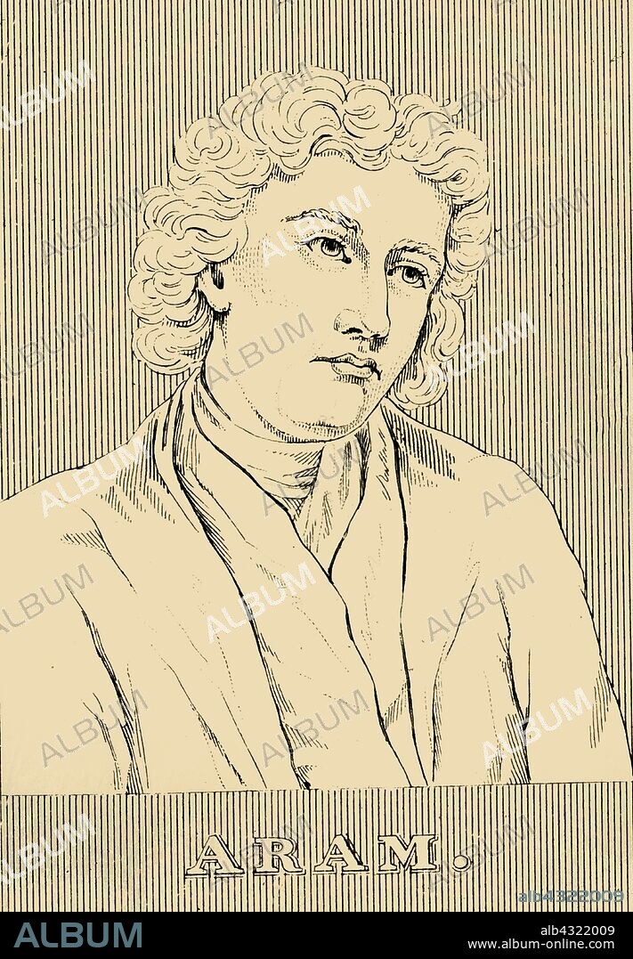 'Aram', (1704-1759), 1830. Eugene Aram (1704-1759) English philologist,  infamous for the murder of Daniel Clark who may have been having an affair with his wife, recorderd by Edward Bulwer-Lytton in his 1832 novel Eugene Aram.  From "Biographical Illustrations", by Alfred Howard. [Thomas Tegg, R. Griffin and Co., J. Cumming, London, Glasgow and Dublin, 1830].