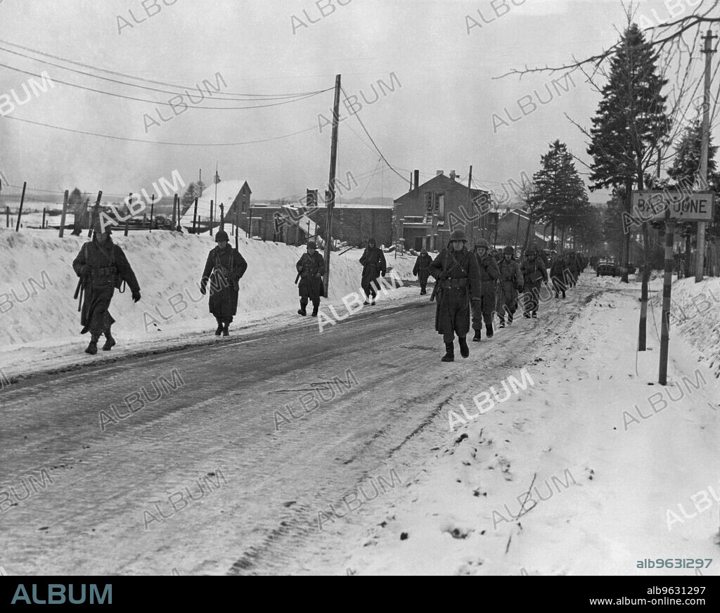 Bastogne, Belgium, December 29, 1944 Members of the 101st Airborne Division move out Bastogne to drive the Germans besieged them for ten days out of a neighboring town. American and German forces at the Belgian town of Bastogne, as part of the larger Battle of the Bulge.