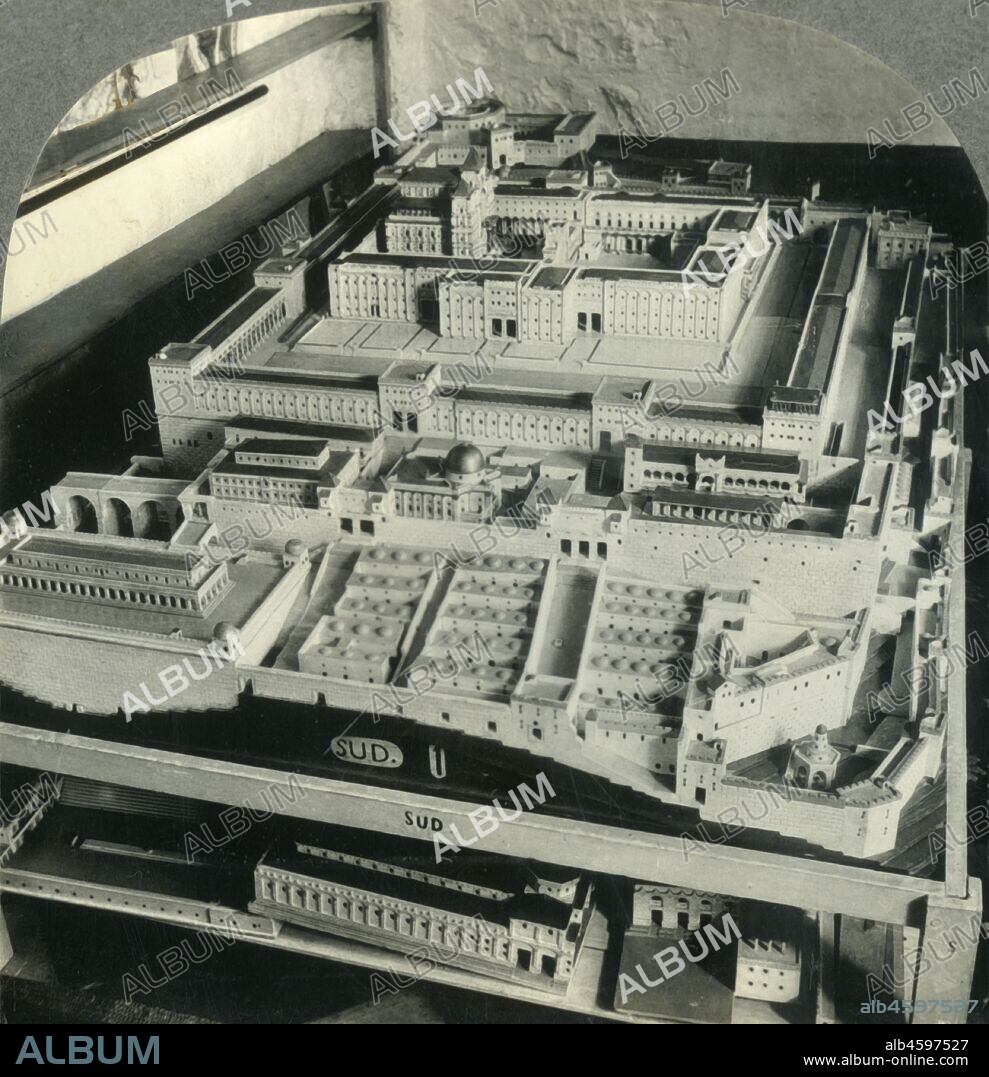 'Shick's Plan of Temple as Solomon Built It, Jerusalem, Palestine', c1930s. Conrad Schick's model of Solomon's Temple built in 10th century BC at Temple Mount and destroyed 587BC. It is said to have housed the Ark of the Covenant.  From "Tour of the World". [Keystone View Company, Meadville, Pa., New York, Chicago, London].