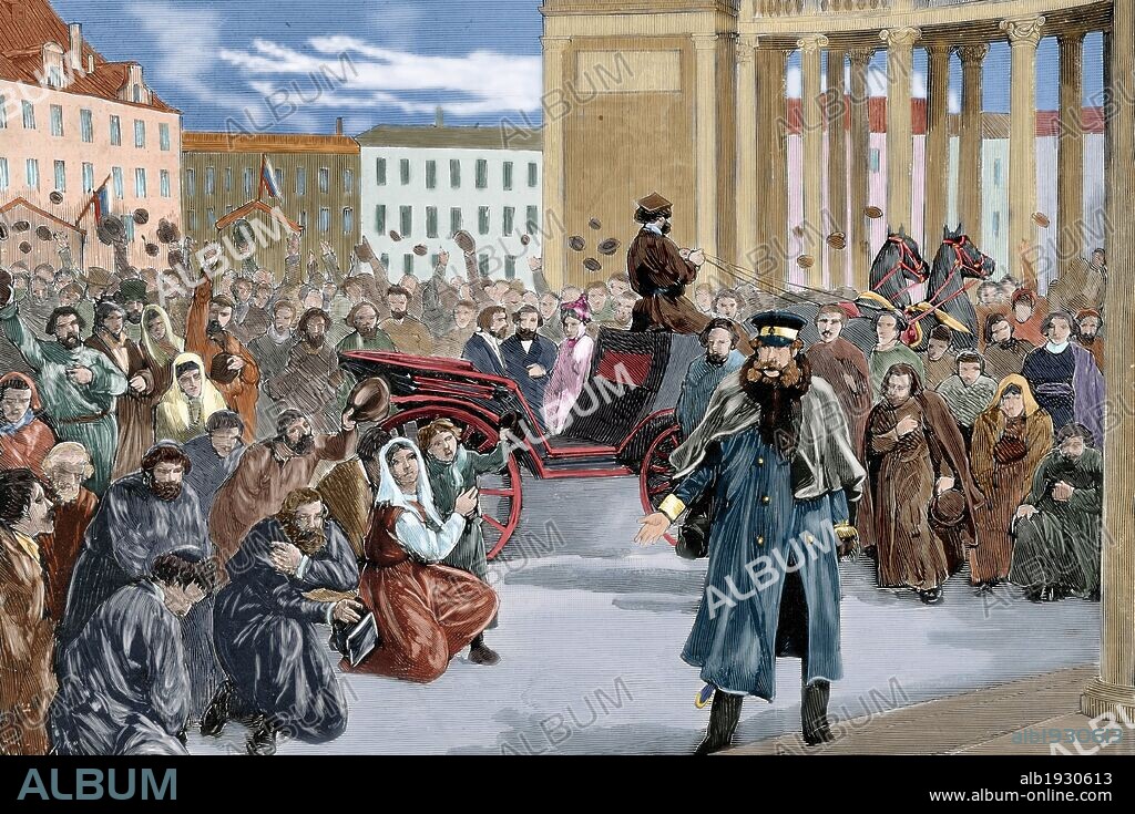 Russia. St. Petersburg. 19th century. Ovation of the people to the Czar in the portico of the Kasanski church after being the victim of an attack. Colored engraving. "The Spanish and American Illustration," 1879.