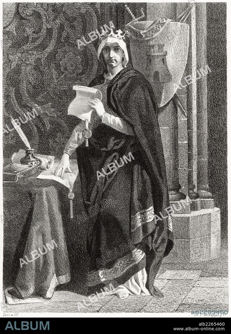 Historia de España. María Alfonso de Meneses (1264-1321), María de Molina, reina consorte de Castilla por su matrimonio con Sancho IV. Grabado de 1872.