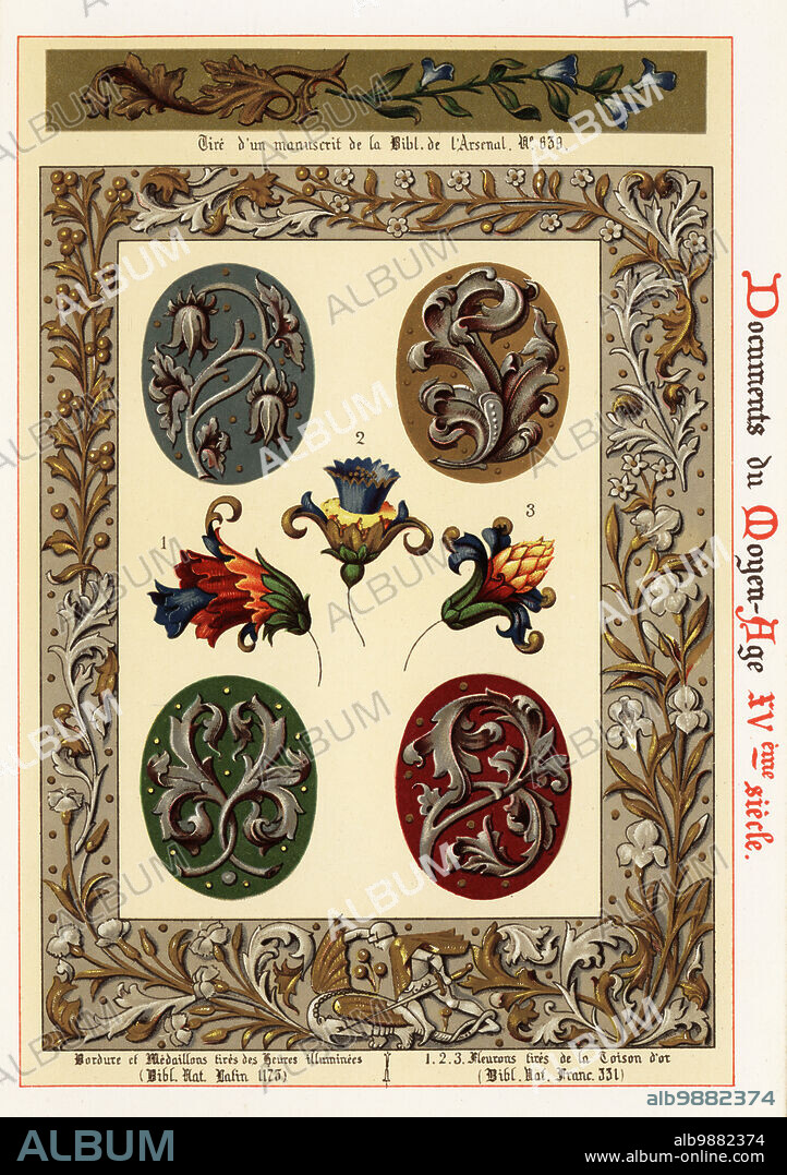 Border from a manuscript, border and medallions from the Heures de Charles d'Angoulême, and fleurons from Golden Fleece, 15th century. Tire dun manuscrit de la Bibl. de lArsenal, No. 639, Bordure et medallions tires des Heures illuminees, Bib. Nat. Latin 1173, 1,2,3 Fleurons tires de la Toison dor Bib. Nat. Franc. 331. Chromolithograph designed and lithographed by Ernst Guillot from Ornementation des Manuscrits au Moyen-Age, XVe Siecle(Ornamentation from Manuscripts of the Middle Ages, 15th century), Paris, 1890.