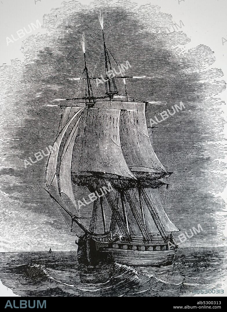 Engraving depicting St Elmo's fire appearing on a sailing ship's mast.