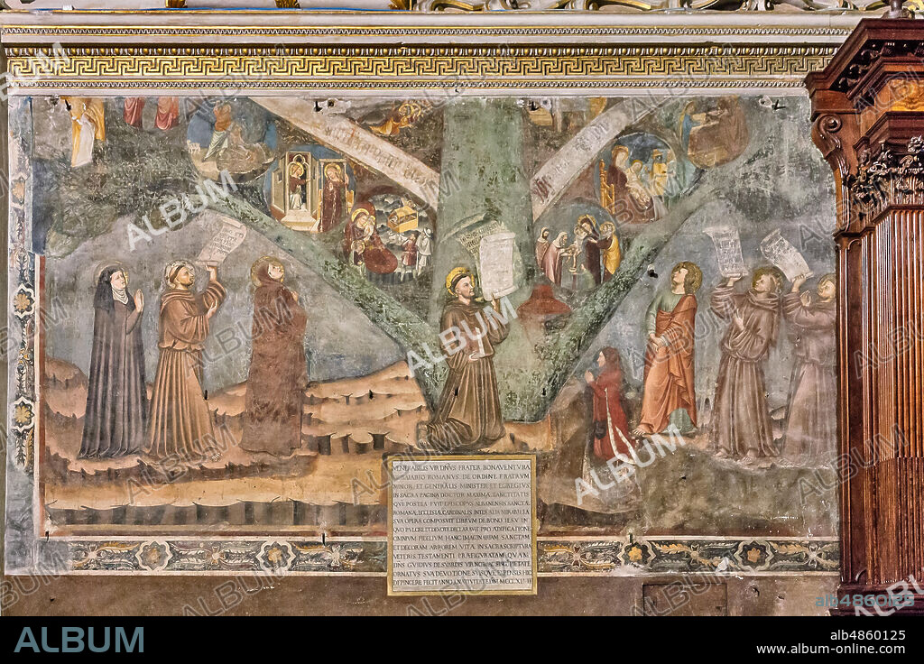 Bergamo, Città alta, Basilica of Santa Maria Maggiore, right transept: "The Tree of Life", fresco following Giotto style, realised in 1347.