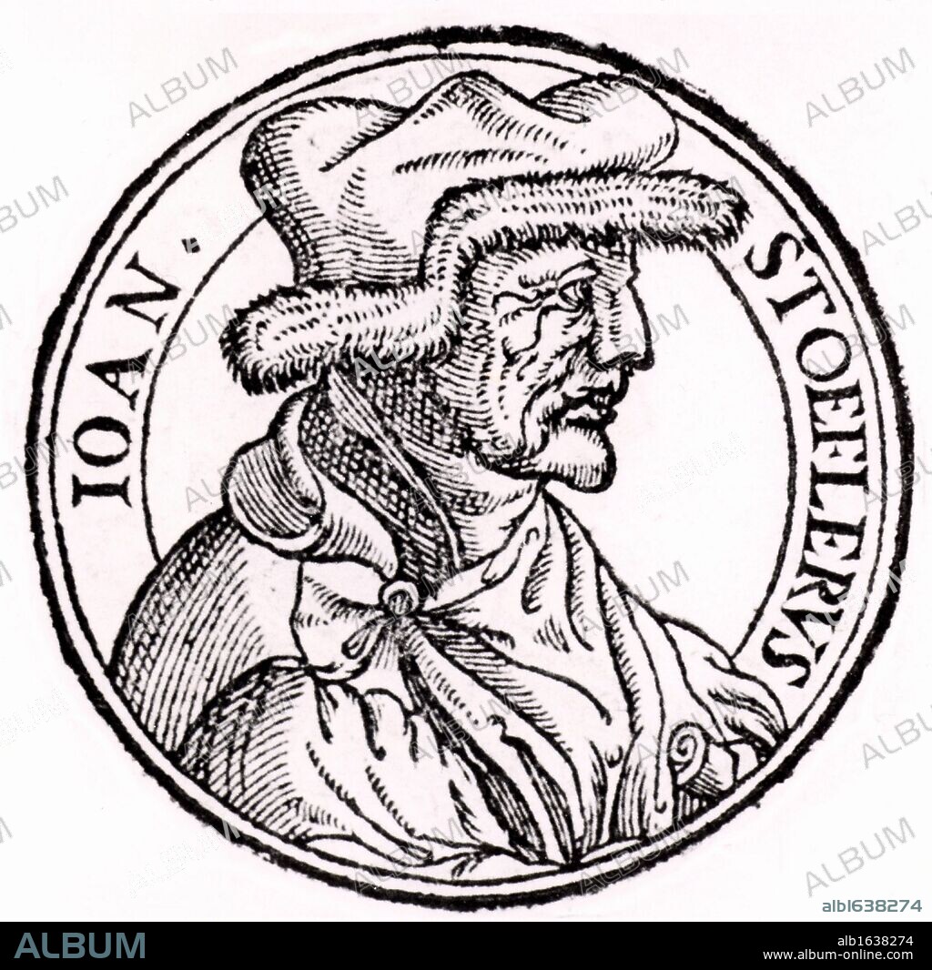 Johannes Stoeffler or Stofler (1452-1531) German mathematician, astronomer, astrologer, instrument maker and teacher. Professor of mathematics and astronomy at Tubingen from 1507. Died of plague. Portrait from his "Calendarum Romanum Magnum" (Oppenheim, 1518) (Photo by: Universal History Archive/UIG via Getty Images).