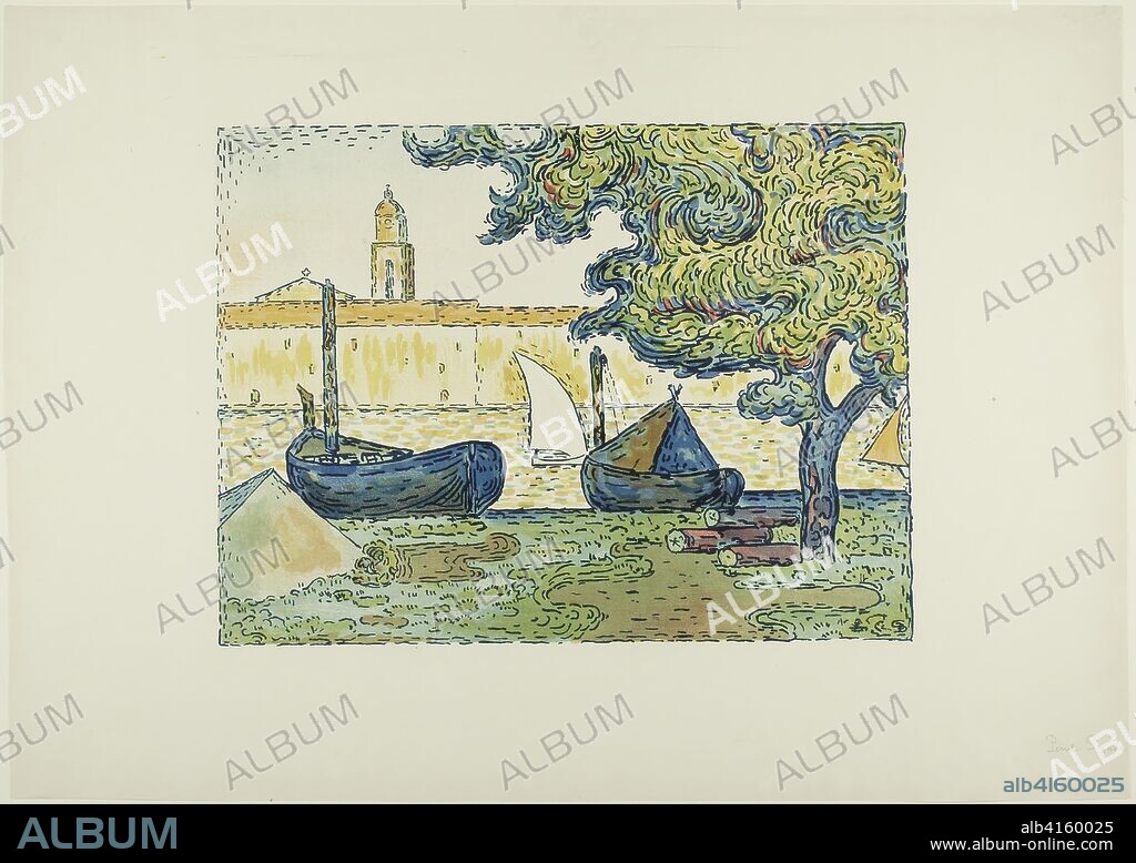 The Port of St. Tropez II, from the seventh album of L'Estampe originale. Paul Signac; French, 1863-1935. Date: 1894. Dimensions: 314 × 424 mm (image); 419 × 592 mm (sheet). Lithograph in yellow, dark blue, light blue, green, red and peach on ivory wove paper. Origin: France.