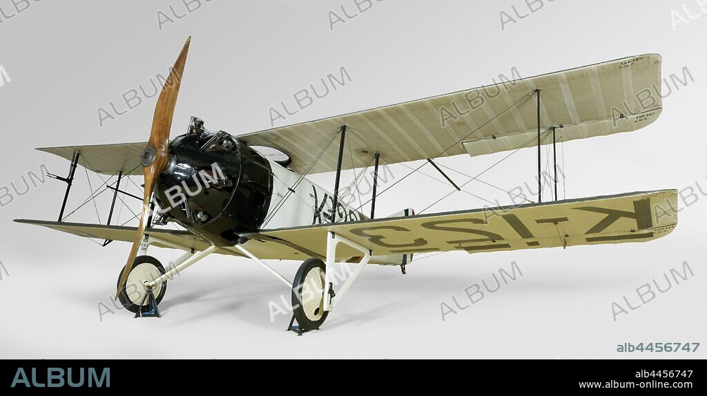 FK 23 Bantam, The aircraft consists of a fuselage constructed from wooden trusses with a skin of multiplex wood. The nose, with the star-shaped motor inside, is made of metal. A wooden propeller in front. The landing set consists of two wheels with rubber pneumatic tires mounted in a frame of metal tubes of oval cross-section. Two superimposed wings (double-decker), with metal posts and tension wires between them. The wings consist of a wooden frame that is covered with varnished banner. The upper wing has an oval opening at the height of the fuselage that provides access to the wicker seat for the pilot. Steering lever and pedals are present and working. The hull is painted off-white with the English registration number K-123. At the rear a black band with a central orange band is painted around the hull. Behind it the letters BAT and on the tail F.K. 23. On the bottom of the lower wing: K-123, aircraft, airplane, England, Amsterdam, Frits Koolhoven, London, 1918, wood (plant material), metal, canvas, rubber (material), stoel, s 762 cm l 561 cm × h 206 cm × w 378 kg.