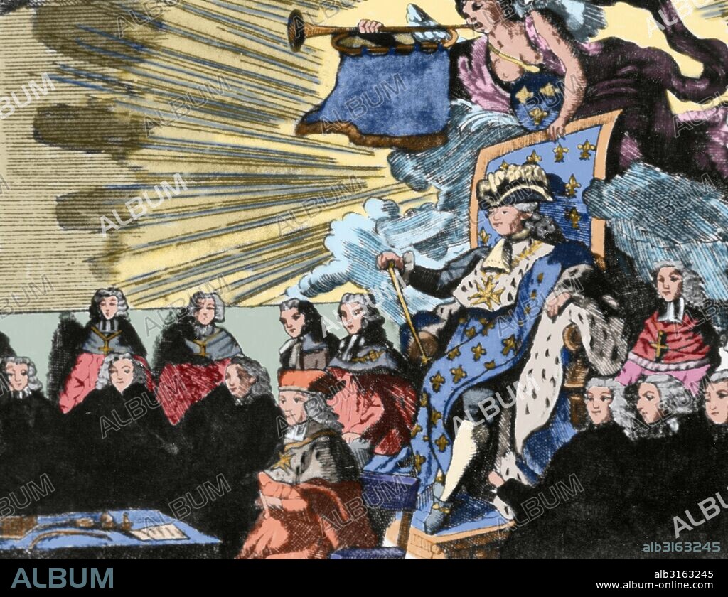 French history. Session of the Assembly of Notables on February 22, 1789, chaired by King Louis XVI. Engraving. Colored.
