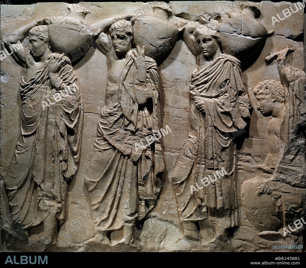 PHIDIAS. Greek school. Relief of hydrophores (water carriers) from the Northern frieze of the Parthenon. . Classical Athenian, Acropolis Museum.. Greece.