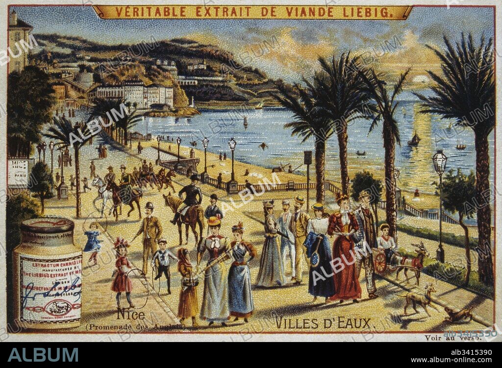 French Leibig card dated circa 1900, showing tourists walking along the Promenade des Anglais, at Nice, France.
