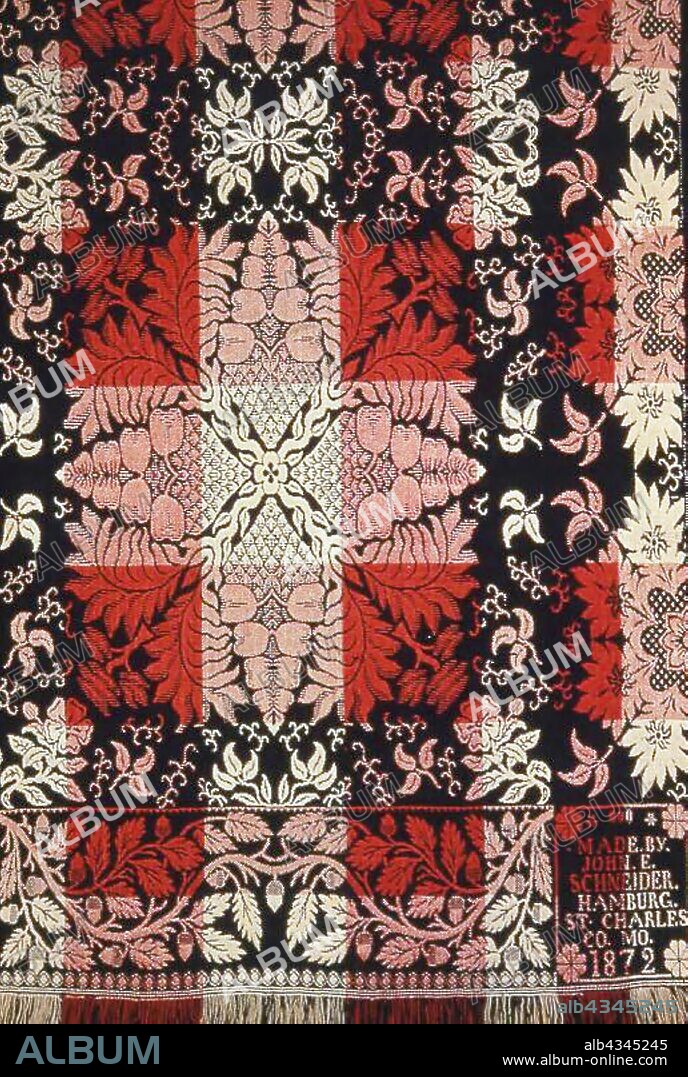 Coverlet, 1872, John Eusebius Schneider (American, born German, active 1823-1903), United States, Missouri, St. Charles County, Hamburg, Missouri, Wool, plain weave double cloth, main warp fringe, woven on loom with Jacquard attachment, two loom widths joined, 247 x 220.9 cm (97 1/4 x 87 in.).