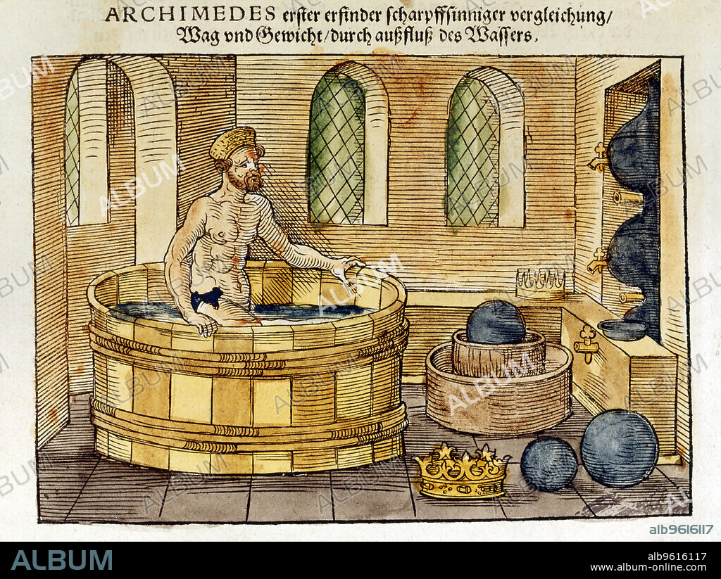 Archimedes in his bath, 1547. Sixteenth-century hand-coloured woodcut of the Greek mathematician and inventor (c287-212 BC) who discovered formulae for calculating areas and volumes of planes and solid figures. He also made significant contributions to hydrostatics, the behaviour and power of static fluids. Archimedes is popularly supposed to have shouted Eureka on discovering that the water rose as he got into the bath: the principle of upthrust on a floating body.