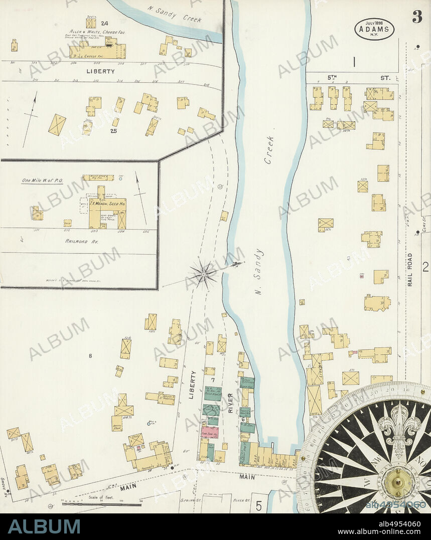 Image 3 of Sanborn Fire Insurance Map from Adams, Jefferson County, New York. Jul 1898. 5 Sheet(s), America, street map with a Nineteenth Century compass.