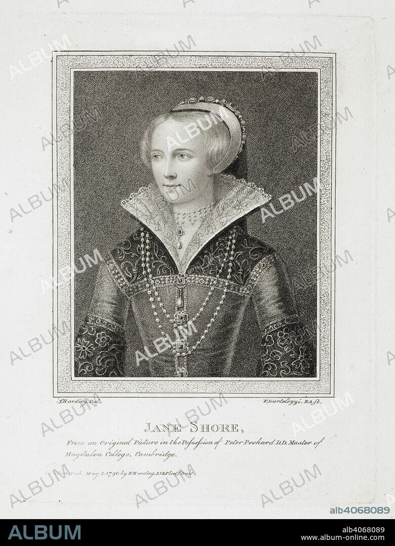 Jane Shore, (from an original picture in the possession of Peter Peckard, D.D. Master of Magdalen College, Cambridge'. Shakespeare illustrated by an assemblage of portraits and views, appropriated to the whole suite of our author's historical dramas; to which are added, portraits of actors, editors, &c. London : S. & E. Harding, 1793. Elizabeth "Jane" Shore (c.1445 â€“ c.1527) was a mistresse of King Edward IV of England. "Mistress Shore" is frequently mentioned in William Shakespeare's play, Richard III. Source: 831.l.6 page 82. Language: English.