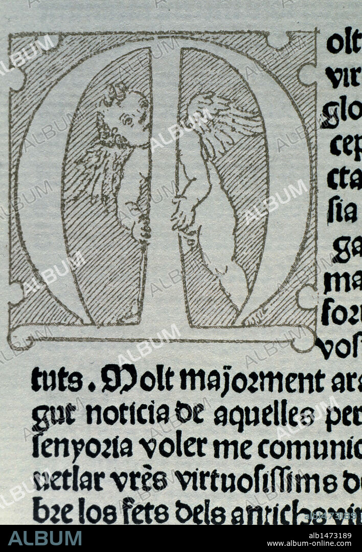 JOANOT MARTORELL (1413-1468). Escritor valenciano en lengua catalana. S. XV. "TIRANT LO BLANC". Letra inicial de la dedicatoria perteneciente a la edición impresa en Valencia en 1490 por Nicolau Spindeler: 'Molt exelent virtuos e glorios... '. Edición facsímil del ejemplar conservado en la Biblioteca Universitaria de Valencia. España.