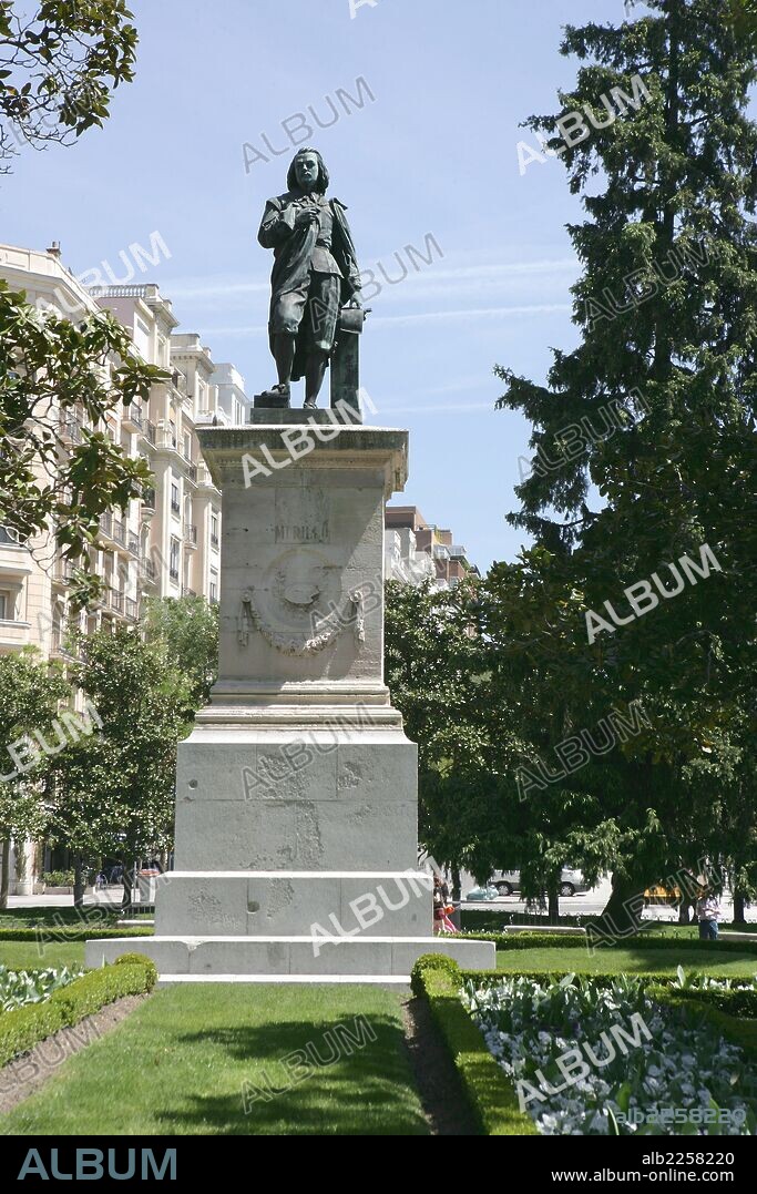BARTOLOMÉ ESTEBAN MURILLO. BARTOLOME ESTEBAN MURILLO. PINTOR ESPAÑOL. ESTATUA ANTE LA FACHADA POSTERIOR DEL MUSEO DEL PRADO DE MADRID OBRA DE SABINO DE MEDINA EN EL AÑO 1871, REPLICA DE LA DE SEVILLA OBRA DEL MISMO AUTOR.