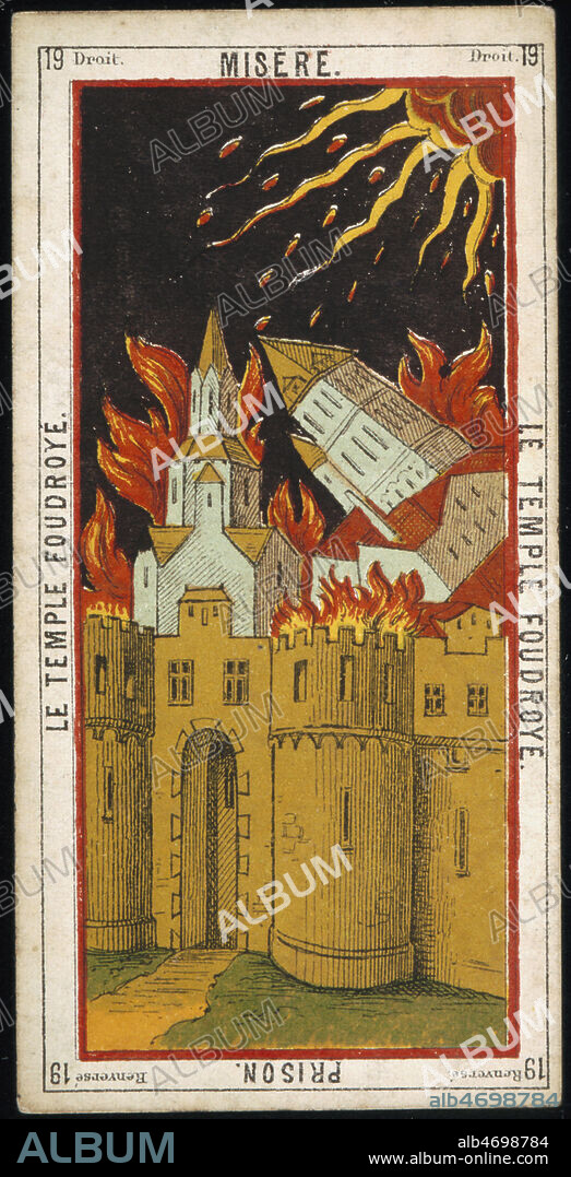 Carte a jouer 'Misere - Le temple foudroye - Prison', extraite d'un jeu de tarot de la fin du 19eme siecle.. Credit : Collection Kharbine-Tapabor.