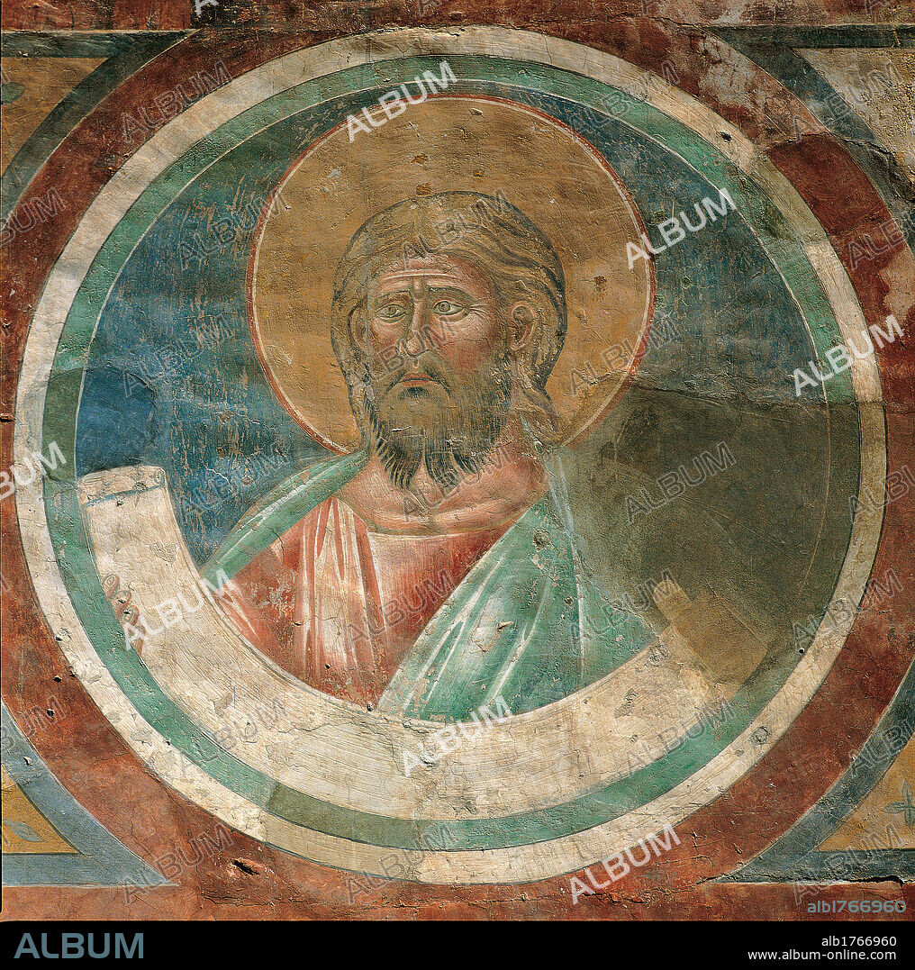 Medallions of the transept, by Unknown Artist, 14th Century,. Italy, Lazio, Rome, Santa Maria Maggiore Basilica. Detail. Tondo medallion circle Jesus Christ scroll inscription aureole halo nimbus mantle cloak garment tunic red green light blue azure blue.