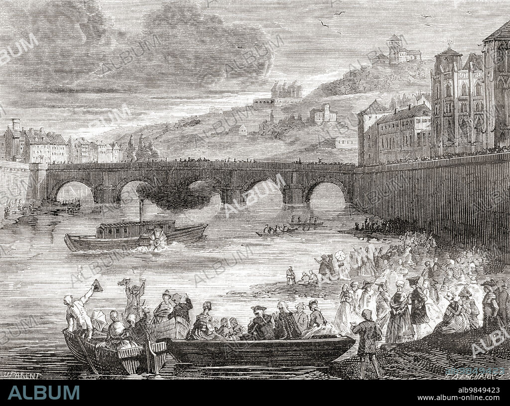 The first demonstration on the river SaÃƒÂ´ne in France of the early experimental steamship Pyroscaphe, built by Marquis de Jouffroy d'Abban, 15 July 1783. Claude-FranÃƒÂ§ois-DorothÃƒÂ©e, marquis de Jouffroy d'Abbans, 1751 Ã¢â‚¬â€œ 1832. Naval architect, engineer, industrialist and French Freemason. From Les Merveilles de la Science, published 1870.