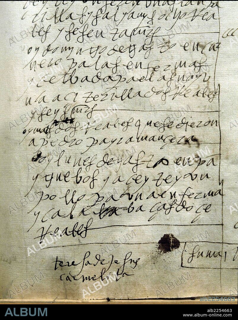 TERESA DE JESUS , SANTA. TERESA DE CEPEDA Y AHUMADA. RELIGIOSA Y ESCRITORA ESPAÑOLA. AVILA 1515 - 1582. DETALLE DEL LIBRO DE CUENTAS CON LA FIRMA DE LA SANTA. CONVENTO DE LAS CARMELITAS EN MEDINA DEL CAMPO.